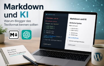 Markdown und KI auf einem Laptop mit Quelltext und formatierter Vorschau
