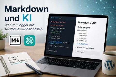 Markdown und KI auf einem Laptop mit Quelltext und formatierter Vorschau