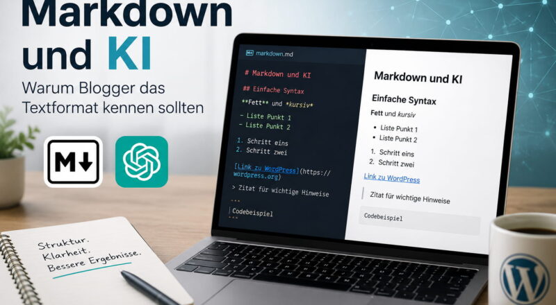 Markdown und KI auf einem Laptop mit Quelltext und formatierter Vorschau