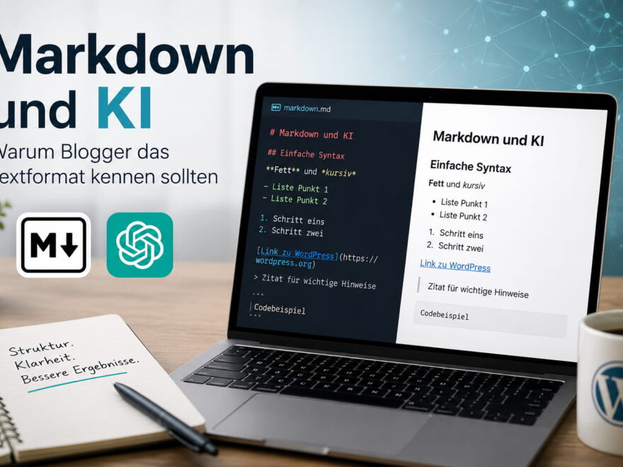 Markdown und KI auf einem Laptop mit Quelltext und formatierter Vorschau