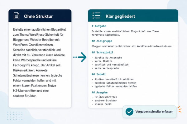 Prompts mit Markdown übersichtlich strukturieren Vergleich zwischen unstrukturiertem Prompt und klar gegliedertem Markdown-Prompt