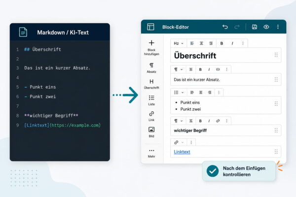 Markdown in WordPress übernehmen und kontrollieren Markdown-Text wird in einen WordPress Block-Editor übertragen und anschließend auf richtige Formatierung geprüft