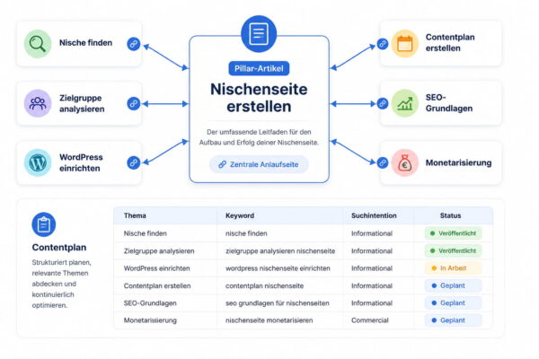 Nischenseite erstellen: Contentplan und Themencluster Contentplan mit Pillar-Artikel und Unterthemen zum Erstellen einer Nischenseite