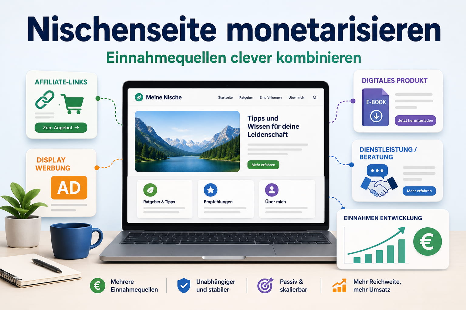 Nischenseite monetarisieren mit Affiliate-Marketing, Werbung, digitalen Produkten und Dienstleistungen