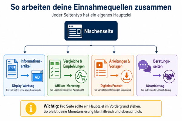 Nischenseite monetarisieren mit mehreren Einnahmequellen Nischenseite monetarisieren: Übersicht zur Kombination von Informationsartikeln, Affiliate-Marketing, digitalen Produkten und Dienstleistungen