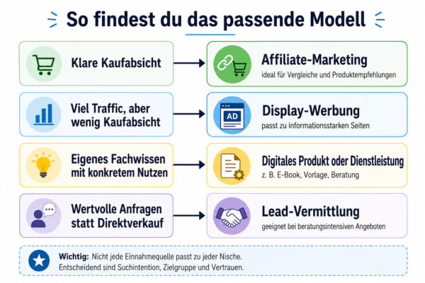 Passende Einnahmequellen für eine Nischenseite Nischenseite monetarisieren: Vergleich passender Einnahmequellen nach Suchintention und Zielgruppe