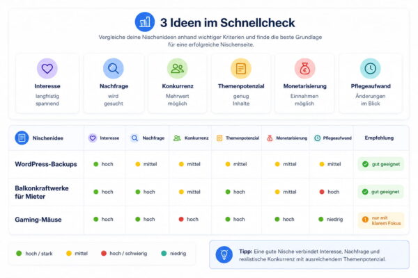 Nischenseite erstellen: Nischenideen realistisch bewerten Vergleich von Nischenideen zum Erstellen einer Nischenseite