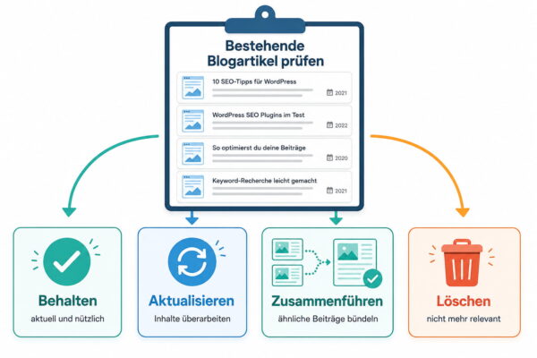 Content-Audit für alte Blogartikel Content-Audit: Alte Blogartikel prüfen, aktualisieren, zusammenführen oder löschen