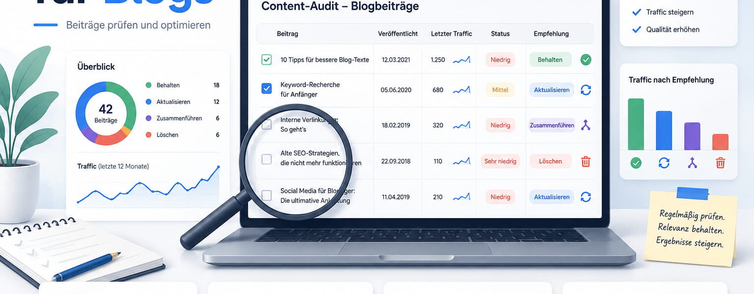 Content-Audit für Blogs: Alte Blogartikel prüfen, aktualisieren, zusammenführen oder löschen