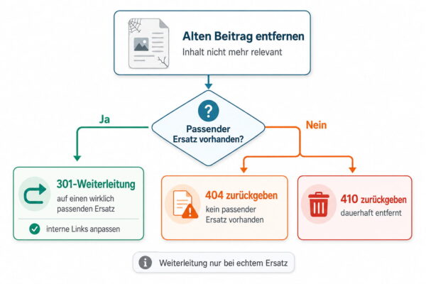 Alte Blogartikel beim Content-Audit richtig entfernen Content-Audit: Alten Blogartikel löschen, weiterleiten oder 404 beziehungsweise 410 zurückgeben