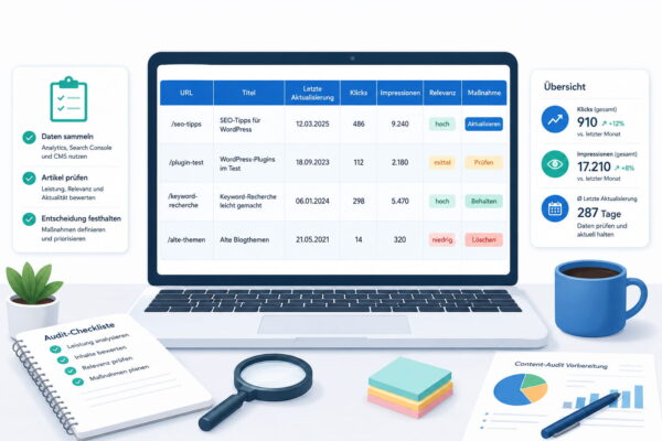 Content-Audit vorbereiten und Inhalte bewerten Content-Audit vorbereiten: Tabelle mit alten Blogartikeln, Kennzahlen und Maßnahmenübersicht