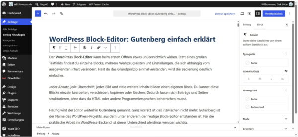 WordPress Block-Editor mit Inhaltsbereich, Werkzeugleiste und Block-Einstellungen