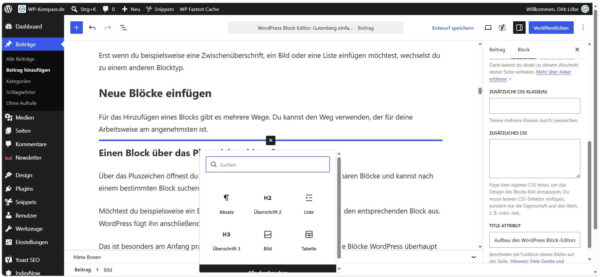 WordPress Block-Editor mit geöffnetem Block-Inserter zum Einfügen neuer Blöcke
