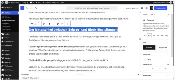 WordPress Block-Editor mit geöffneten Einstellungen für einen Überschrift-Block