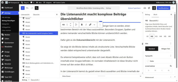Listenansicht im WordPress Block-Editor mit strukturierter Übersicht der Blöcke