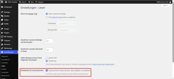 WordPress Staging vor Suchmaschinen schützen durch Aktivieren der Indexierungssperre