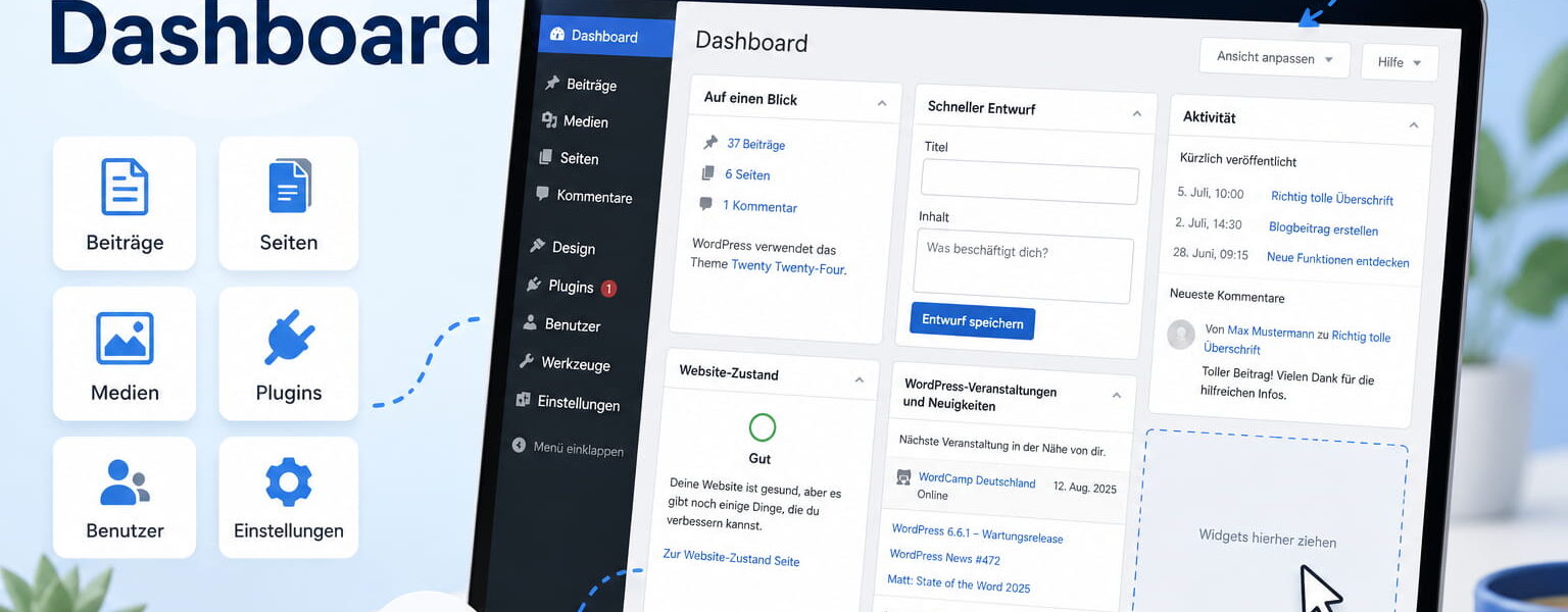WordPress Dashboard mit wichtigen Bereichen und Einstellungen im Überblick