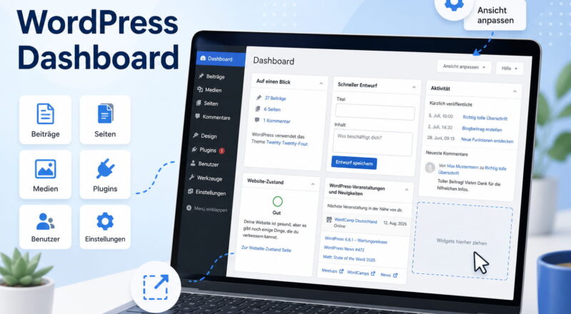 WordPress Dashboard mit wichtigen Bereichen und Einstellungen im Überblick